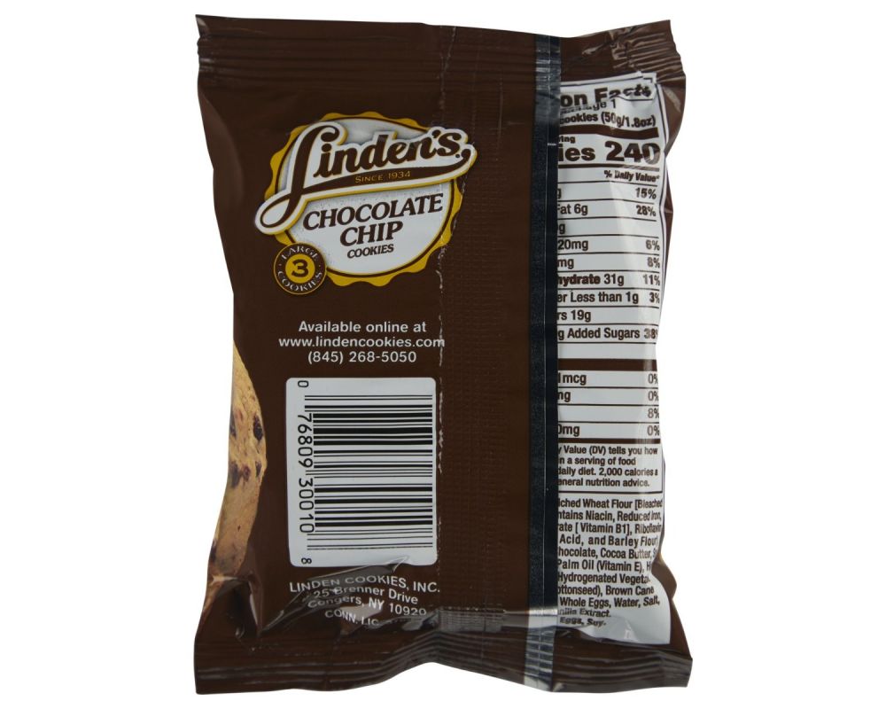 Linden's Chocolate Chip Cookies, 3 Cookies Per Pack, 18 Packs Per Box
