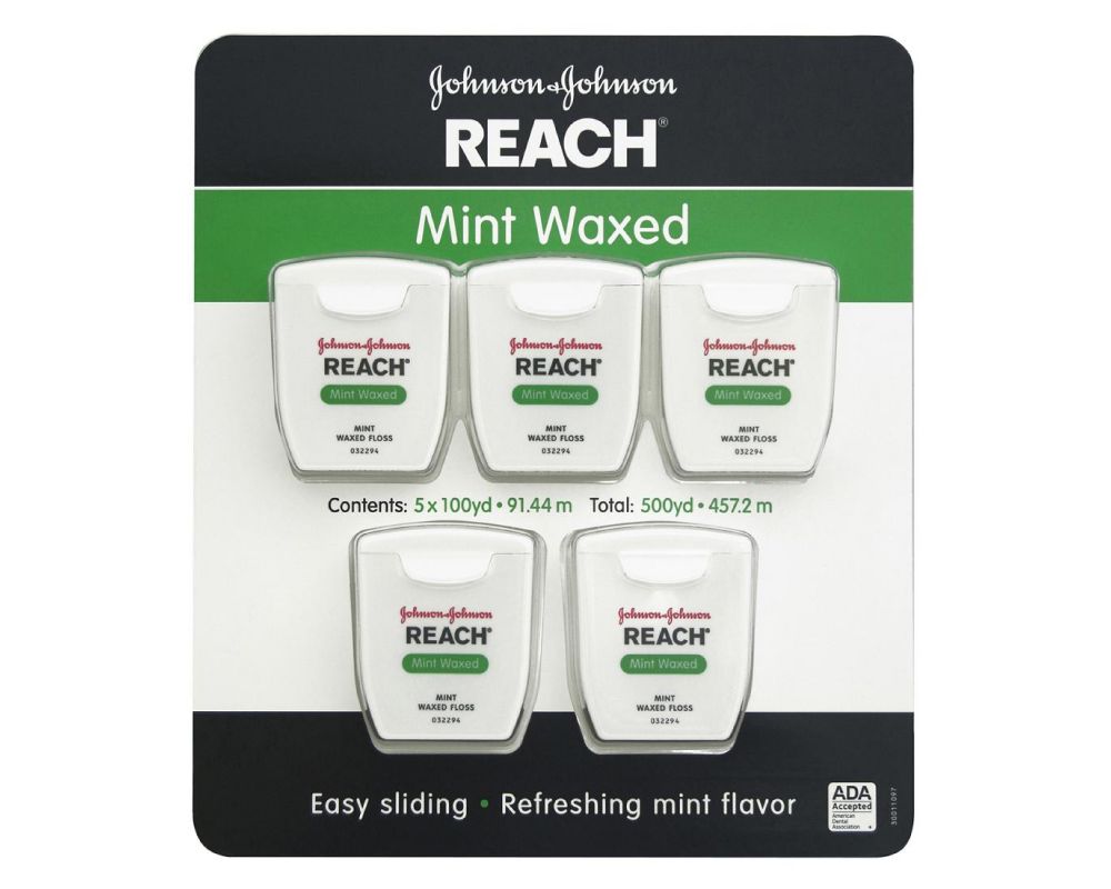 J&J Reach Dental Floss, Mint Waxed, 5 Count Saver Pack